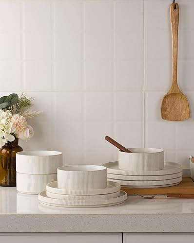 Miniatura 5 de Famiware Star - Juego de vajilla con platos y cuencos, servicio para 4 (16 piezas), platos de cocina de cerámica, color blanco mate (esmalte