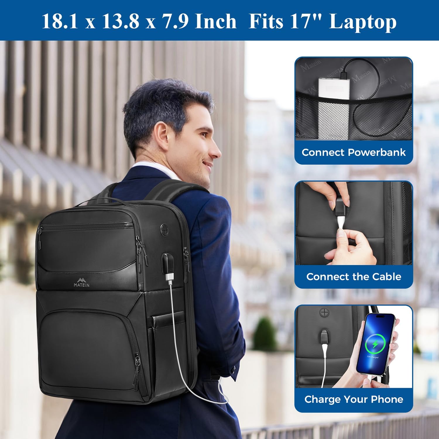 MATEIN Lunch Backpack for Men, Waterproof PU-coated Work Backpack with Lunch Compartment, Large 17 Inch Laptop Back Pack Lunchbox with USB Port, Insulated Cooler Bag for Office Commute, Gifts for Work - Image 5