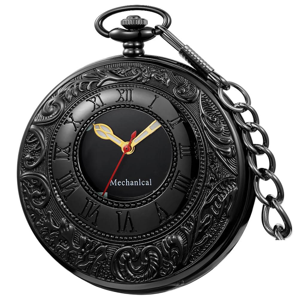 Vintage Design Case Mechanical Men's Watch Double Face Roman Numerals Clock Hand Wind Pocket Watch with Chain&Box-image-10