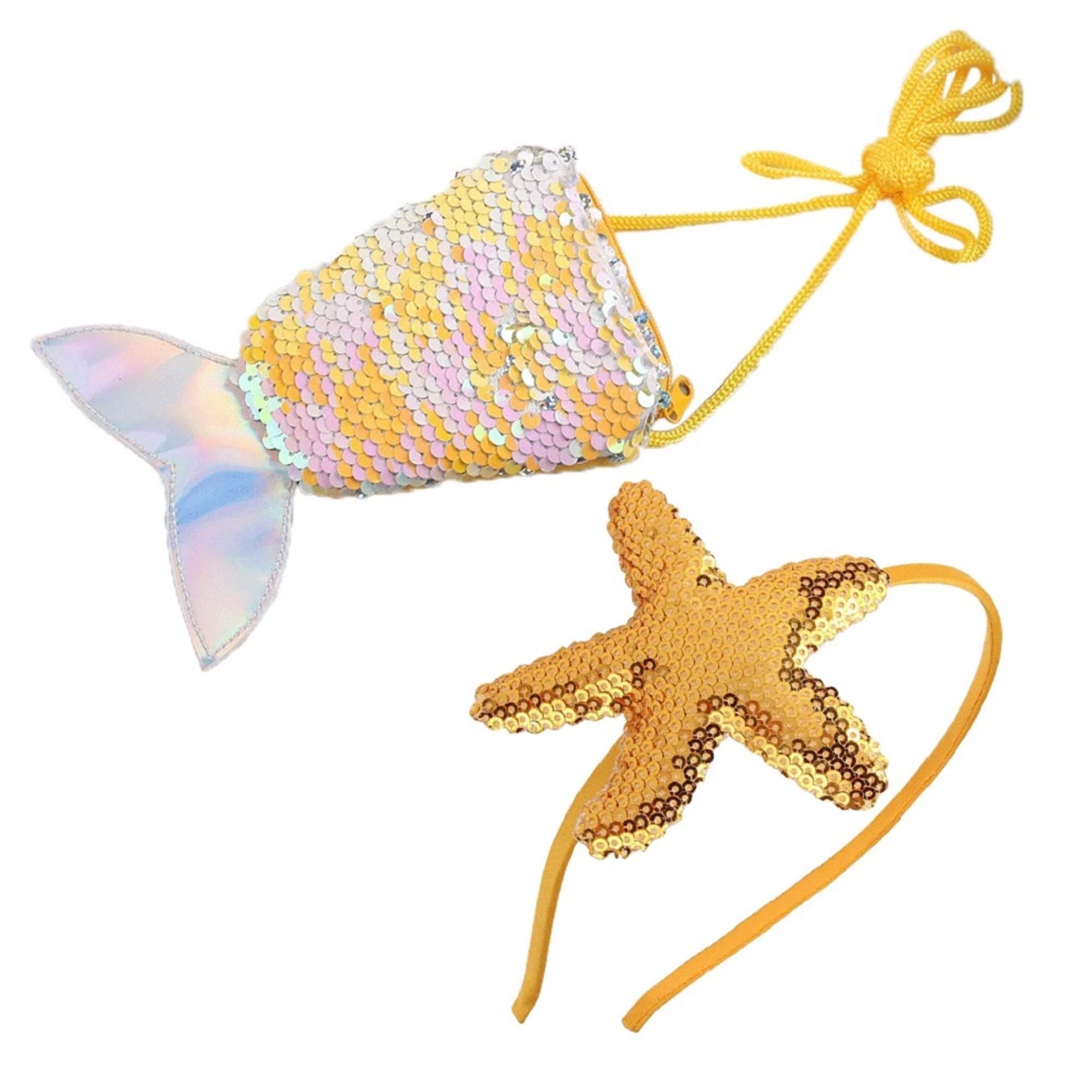 Sequin Mermaid Crossbody Purse and Starfish Headbands (Yellow)