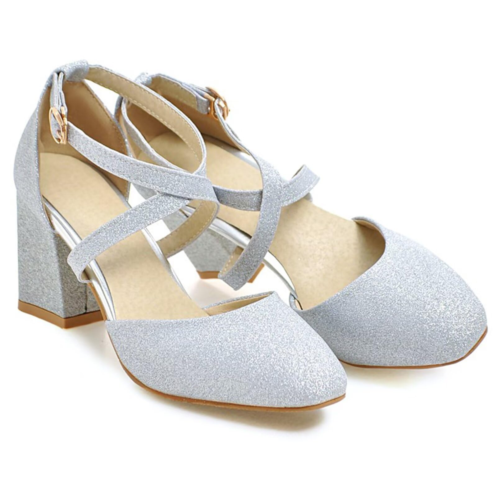 Damen Glitzer Pumps mit Knöchelriemen und 7cm Blockabsatz High Heels Riemchen Schuhe