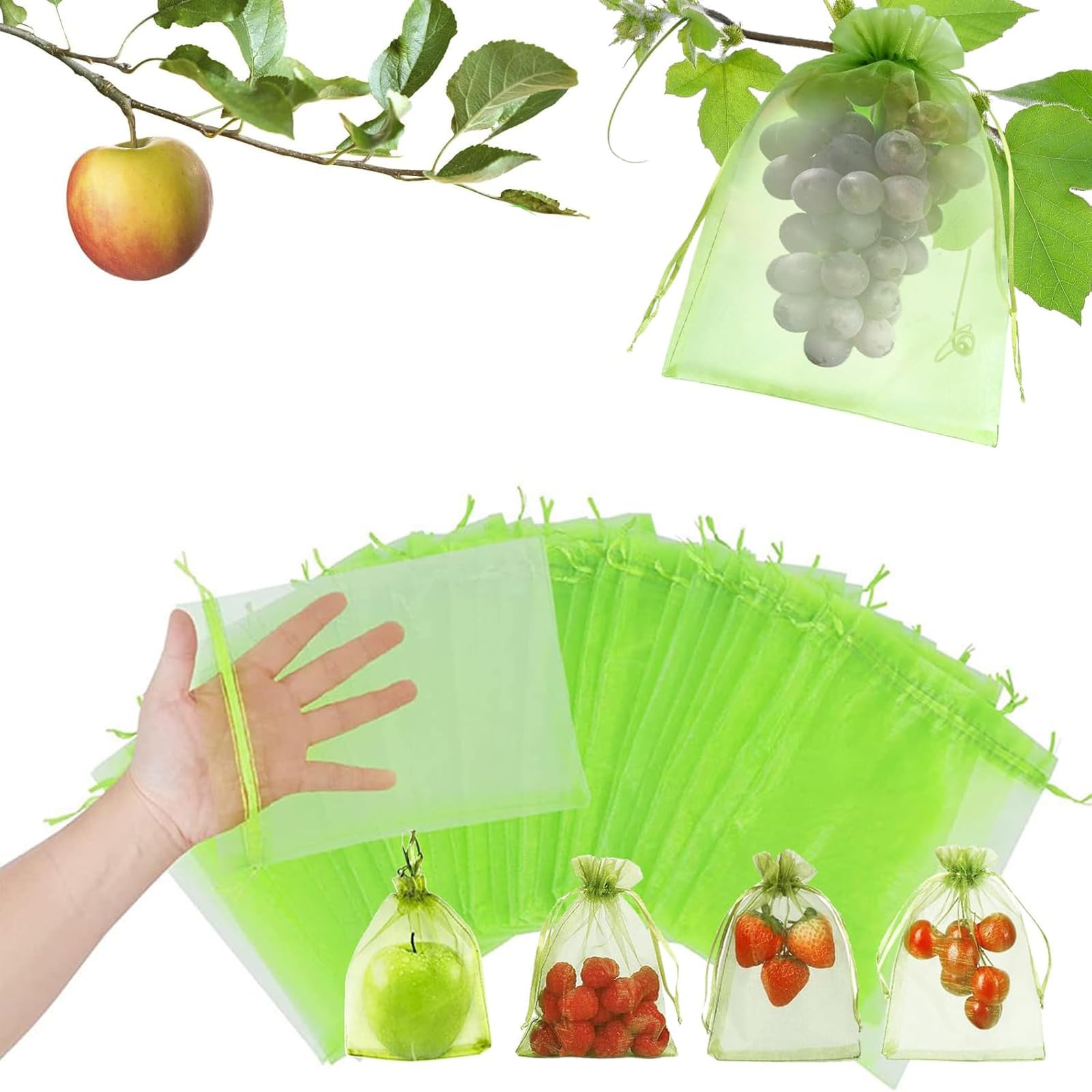Xusxes100 Piezas Bolsa de Protección de Frutas de Red (20 x 30 cm) | Malla de Protección para Uvas, Bolsas para Uvas y Frutas con Cordón, Bolsas Protectoras contra Avispas, Pájaros e Insectos