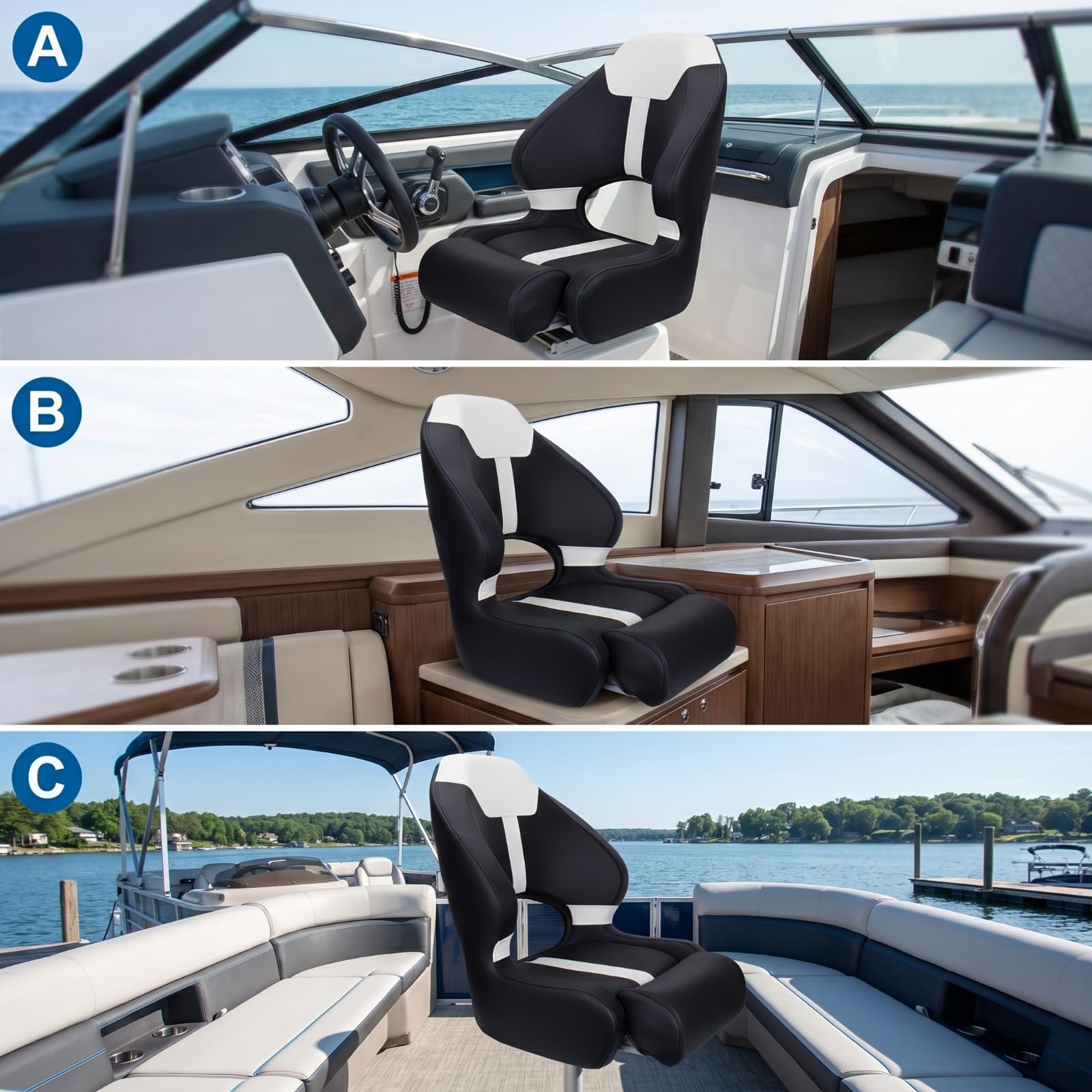 Sedile Timoniere Barca Sedile Timone Poltrona Nautica Sedia Guida Schienale Alto Pieghevole in PVC Marino Traspirante con Supporto Anteriore