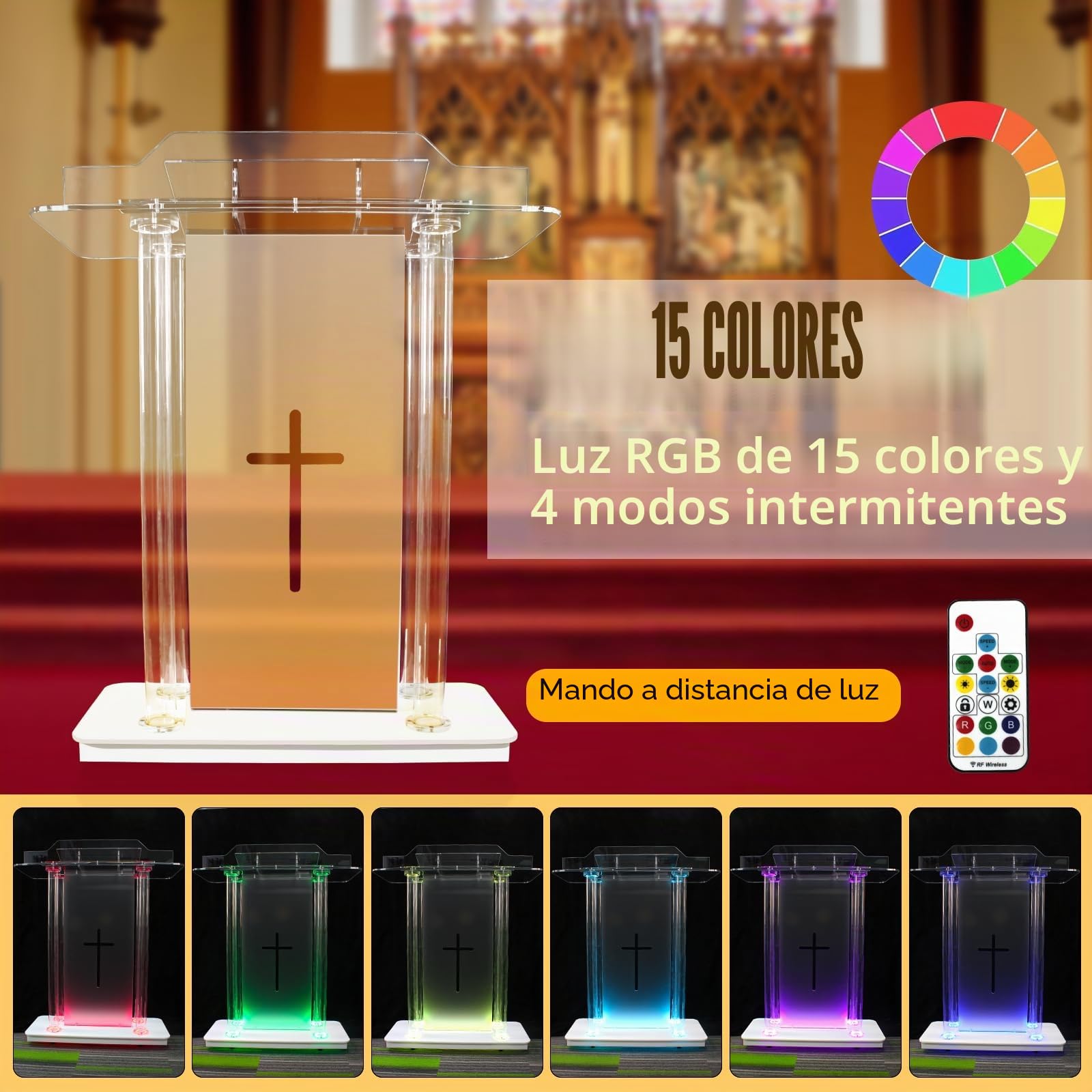 Afitdon Iglesias púlpito, Atril de acrílico Transparente con Ruedas y luz LED Ajustable de 15 Colores, Soporte de podio Grande de acrílico para Iglesia, Concierto, Conferencia, Boda, Aula