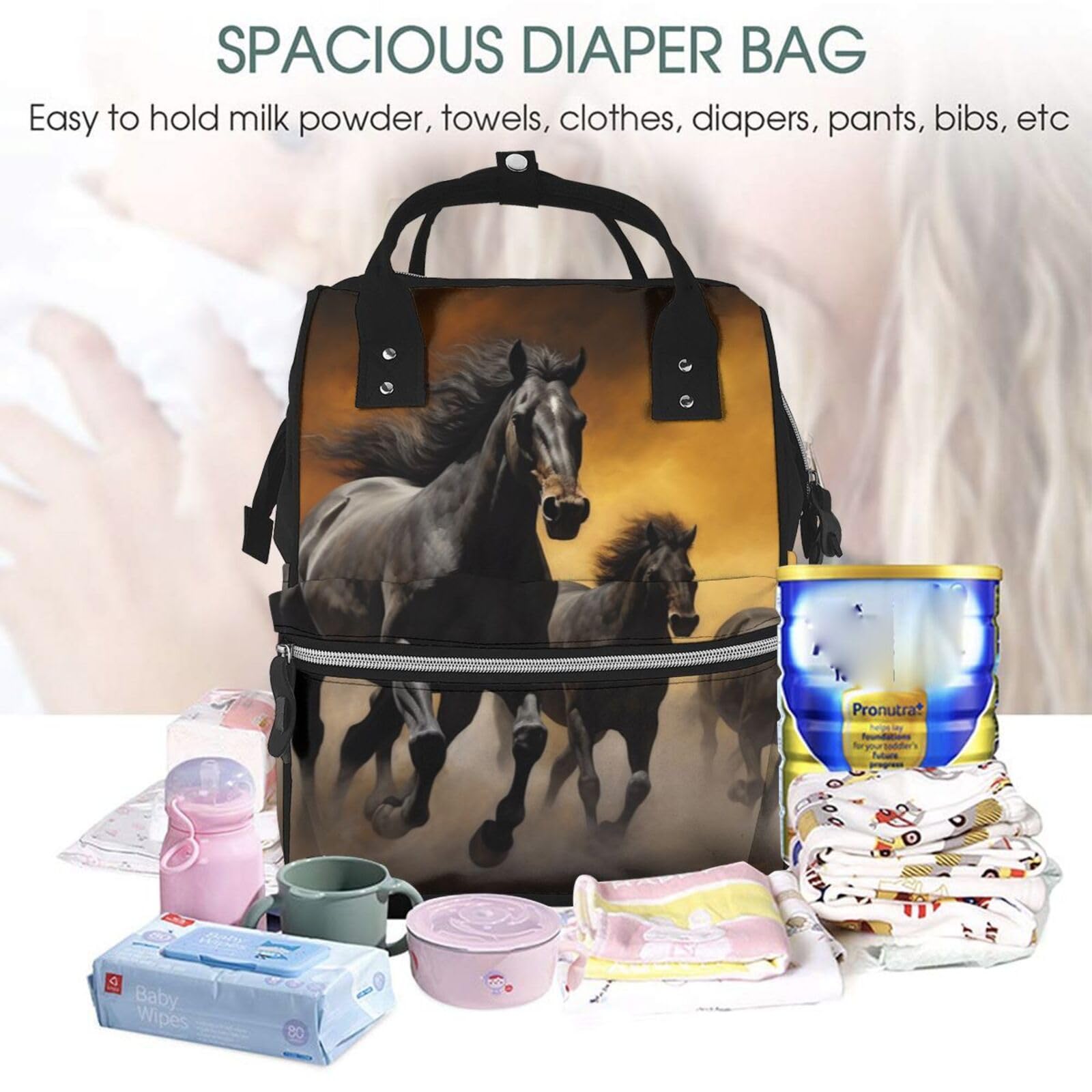 Sac à dos à langer multifonction avec matelas à langer et porte-tétine - Motif chevaux noirs