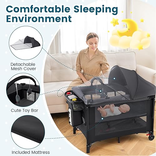 Miniatura 4 de BABY JOY Paquete 5 en 1 con toldo, 4 alturas ajustables para bebé con moisés, cambiador de pañales en forma de U, correa de seguridad, cremallera