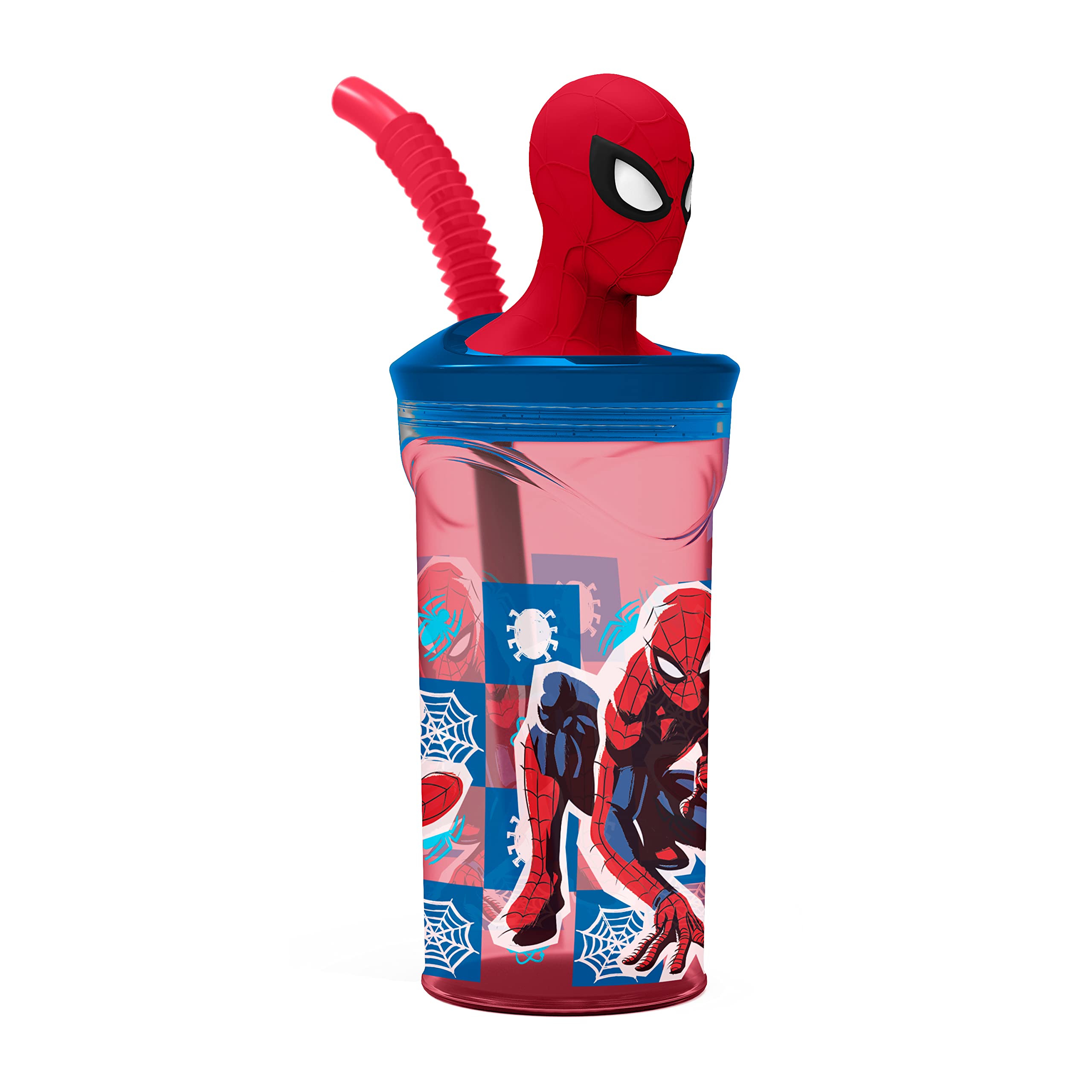 p:os Spiderman 35478 Children's Drinking Cup with Integrated Straw, Lid and 3D Figure, Drinking Container with Approx. 360 ml Capacity, Ideal for Cold Drinks