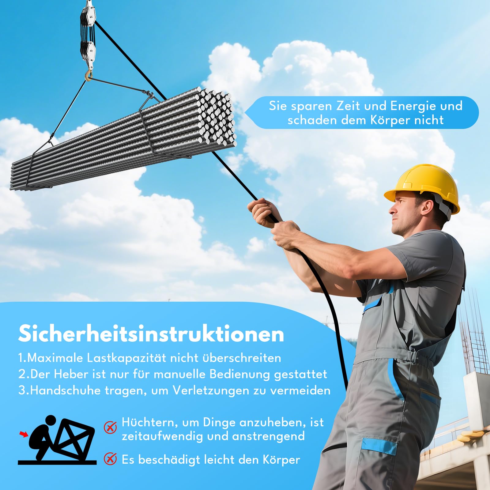 Flaschenzug mit Seilbremse 2000kg Tragkraft, 20m Nylonseil 7.5mm, 270° Drehbarer Haken, 8:1 Übersetzung für Baustelle, Werkstatt und Schwertransport,Manueller Flaschenzüge