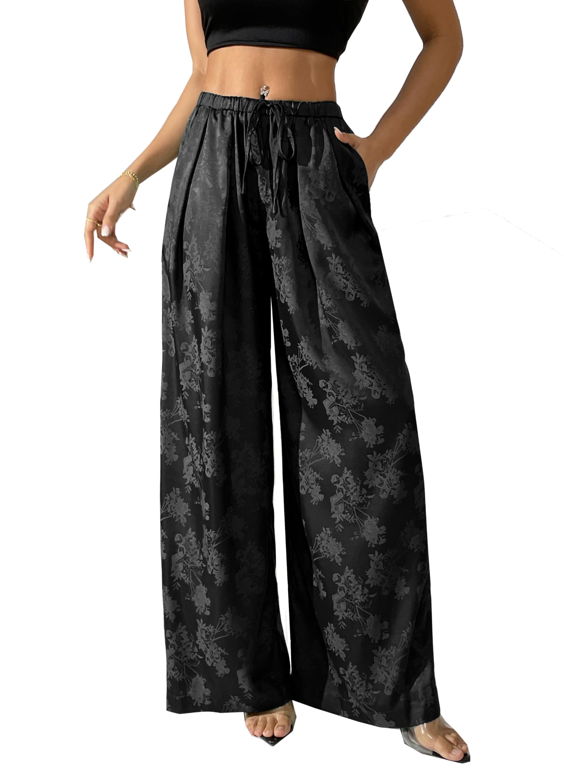 Womens Satin Wide Leg Pants Floral Textured Silky Casual Slacks High Waist Pants