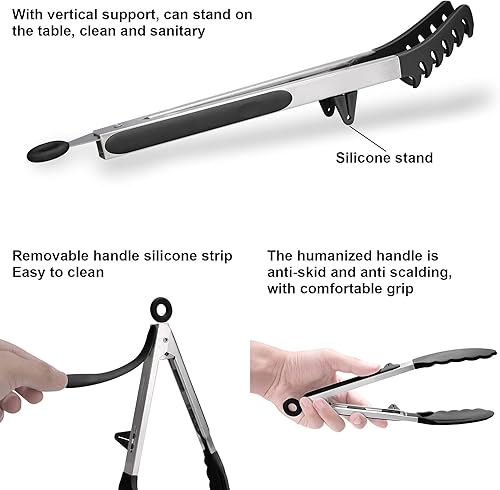 Miniatura 3 de Juego de pinzas de cocina de acero inoxidable 4 en 1 para cocinar con puntas de silicona, tostadora de bistec, pizza, pasta, espagueti, fideos,