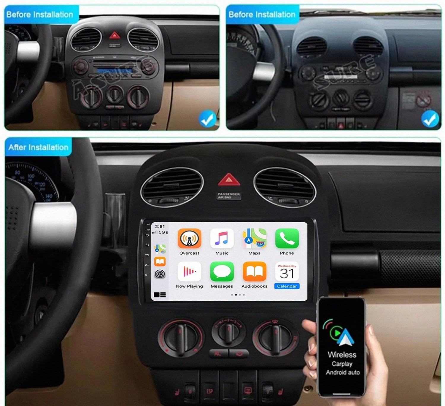 Radio Macchina Touch Screen per VW Beetle 2003-2010 Wireless Carplay Android Auto Stereo Auto Bluetooth Ips con Pantalla Táctil con Gps, 8 Nucleo 8G+256G
