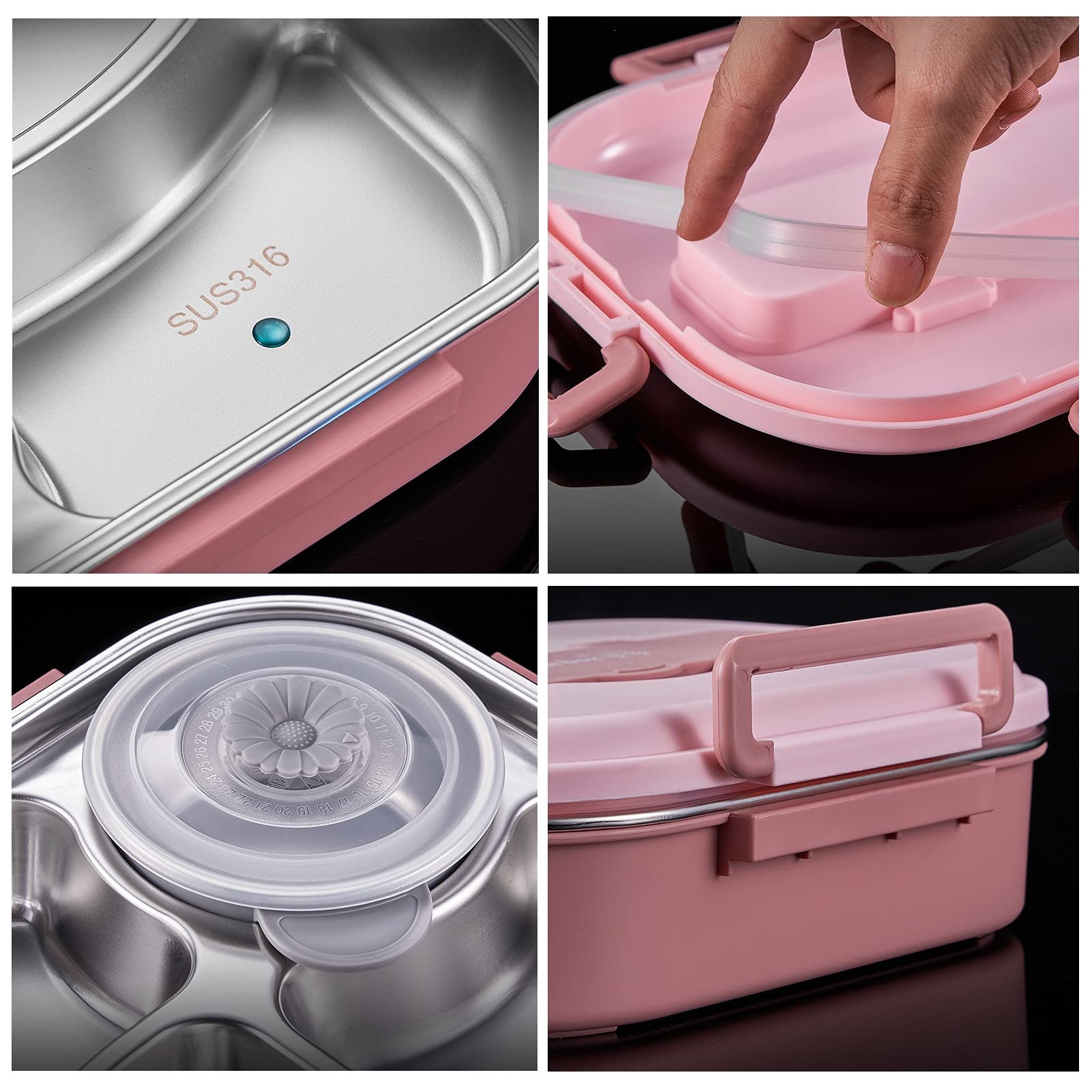 Fiambrera Bento con 4 Compartimentos, fiambreras de 1500 ml, Recipientes Termicos para Alimentos de Acero Inoxidable con lonchera y Cubiertos aislados,para Escuela Oficina Picnic,Rosado