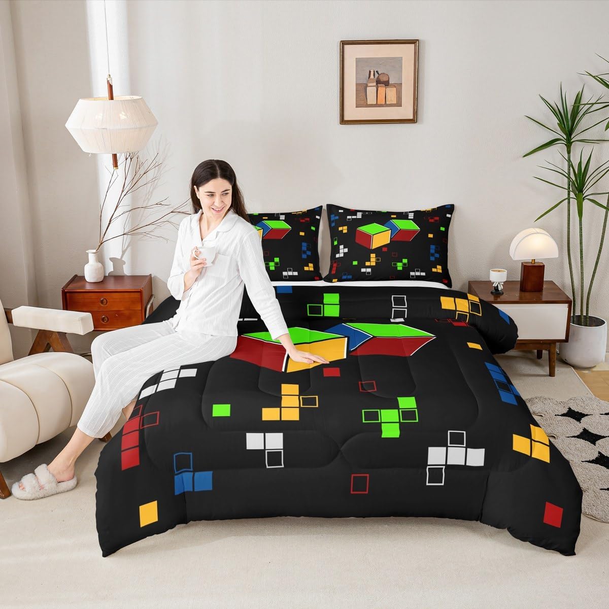 Kids Gamepad Bedding Set Toddler Size,Reversible Gamer Comforter Set for Boys Girls Teens Men Room Decor,Miner Theme Video Games Quilt Set Colorful Geometric Plaid Duvet Insert,1 Pillowcase