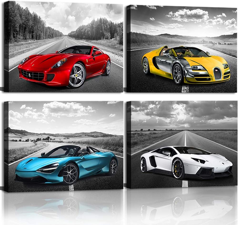 Car Poster Decor Black and White Wall Art Framed Car Art for Teen Boys Man Bedroom Dรฉcor Sports Posters Ferrari Lamborghini McLaren Bugatti Canvas Posters for Office Room Decor Gift for Teen Boys
