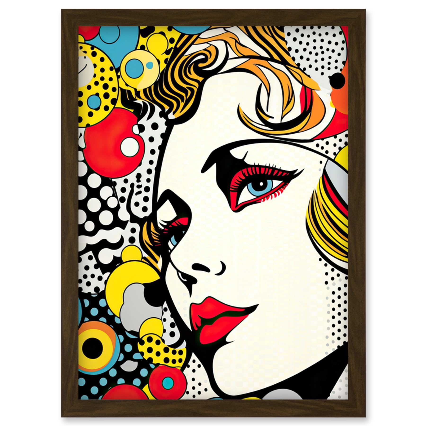 Artery8 Woman Face Geometric Patterns Bubbles Comic Book Style Pop Art Teen Room Halftone Artwork Framed Wall Art Print A4