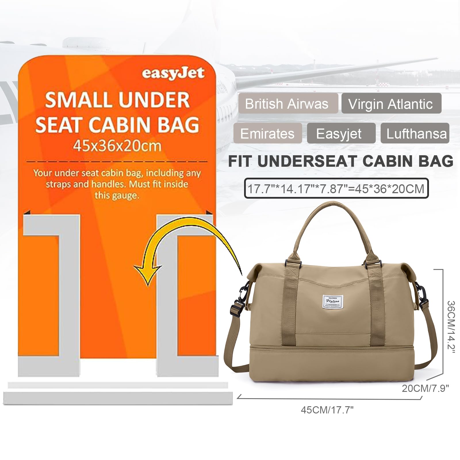 Borsone da Viaggio Donna, 45x36x20 Easyjet Bagaglio a Mano Borsa da Viaggio con Scomparto per le Scarpe, Borsa Sportiva Borsone da Palestra Grande, Borsa da Weekend,Borsa per Ospedale,E11-Cachi
