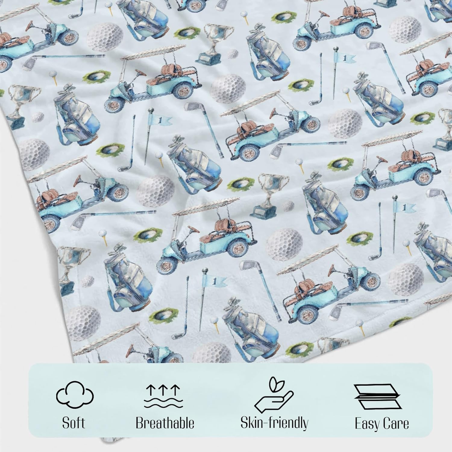 Baby Boys Blankets Golf Gear Sport, Watercolor Blue Ball Glove Car Stick Soft Lightweight Nursery Receiving Swaddle, Flannel Newborn Infant Toddler Crib Bedding Kids Gift 30 x 40 in - Image 2