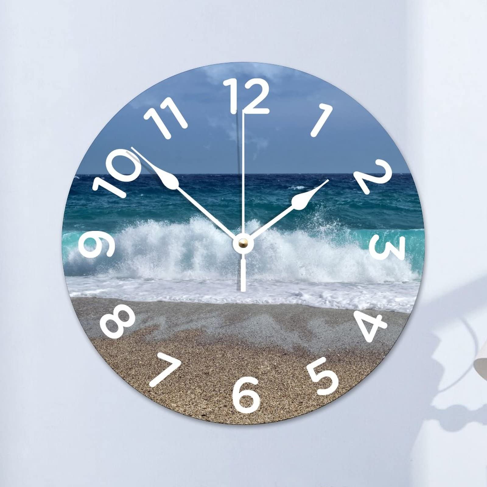 Horloge murale en bois plage bleue 38 cm pour cuisine et salon