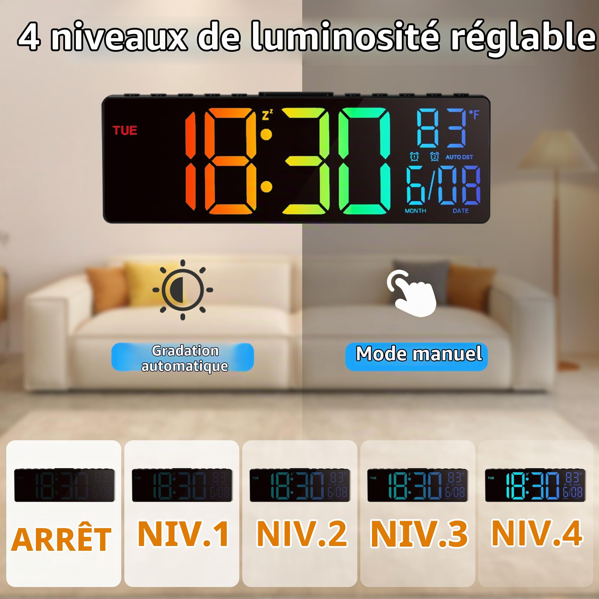 HAITANG Horloge Numérique - Horloge Calendrier Numérique Murale LED De 10,5" avec Affichage De La Température, Date Et Jour, Dimming Automatique De La Luminosité RGB, Veilleuses, pour Bureau, Chambre