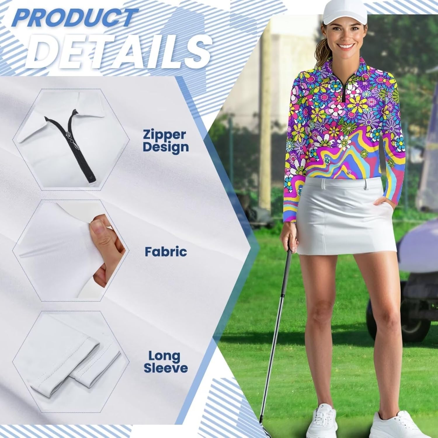 POLERO Women's Long Sleeve Golf Shirts Printed Long Sleeve Zip Up Shirt Athletic Casual Golf Tops