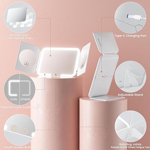 Miniatura 7 de Beautifive Espejo de maquillaje con iluminación de viaje triple, 5000 mAh recargable con aumento 1X3X10X, iluminación de 3 colores y atenuación