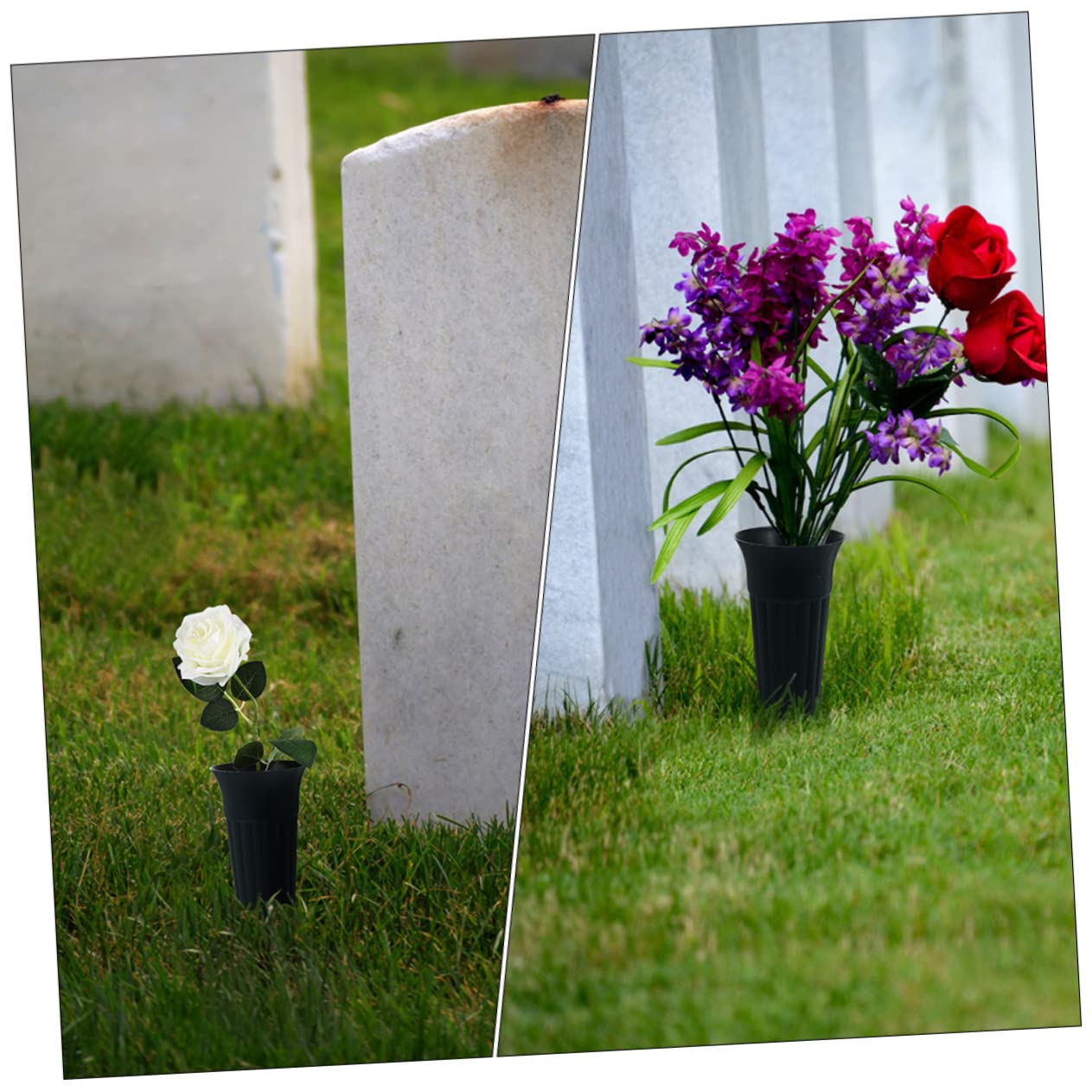 Lot De 2 Vases Funéraires En Résine Avec Piquet - Pour Fleurs Sur Tombe - Décoration Cimetière Noire élégante