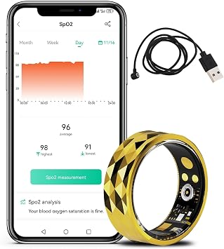 Fitness Smart Rings, Heart Rate Monitor Blood Pressure Ring Sleep Tracker Counter Calories Waterproof Fitness Rings Remote Control PhotographyGold,20.6 mm