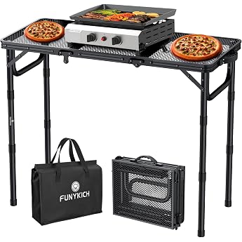 FUNYKICH Portable BBQ Table 87 x 40 cm Camping Table Outdoor Foldable with 3 Heights Adjustable 26/48/70 cm Folding Table with Mesh Desktop Easy to Assemble Multifunctional Table for BBQ Picnic Camping