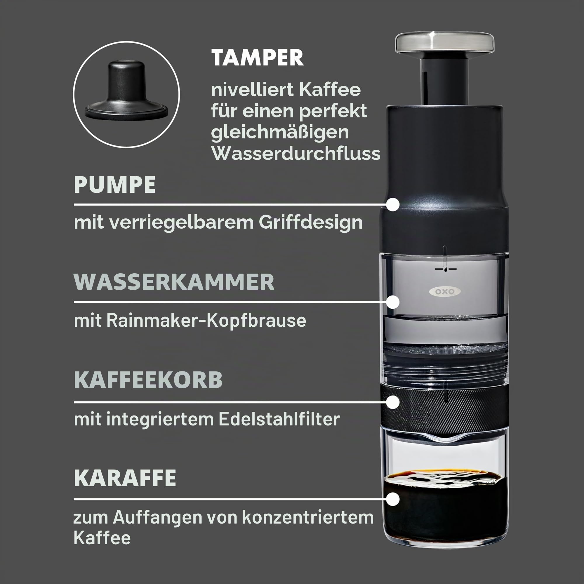 OXO Brew Rapid Brewer – Tragbare manuelle Kaffeemaschine, integrierter Edelstahlfilter, einstellbare Stärke, kompakt und leicht, keine Pads oder Papierfilter erforderlich