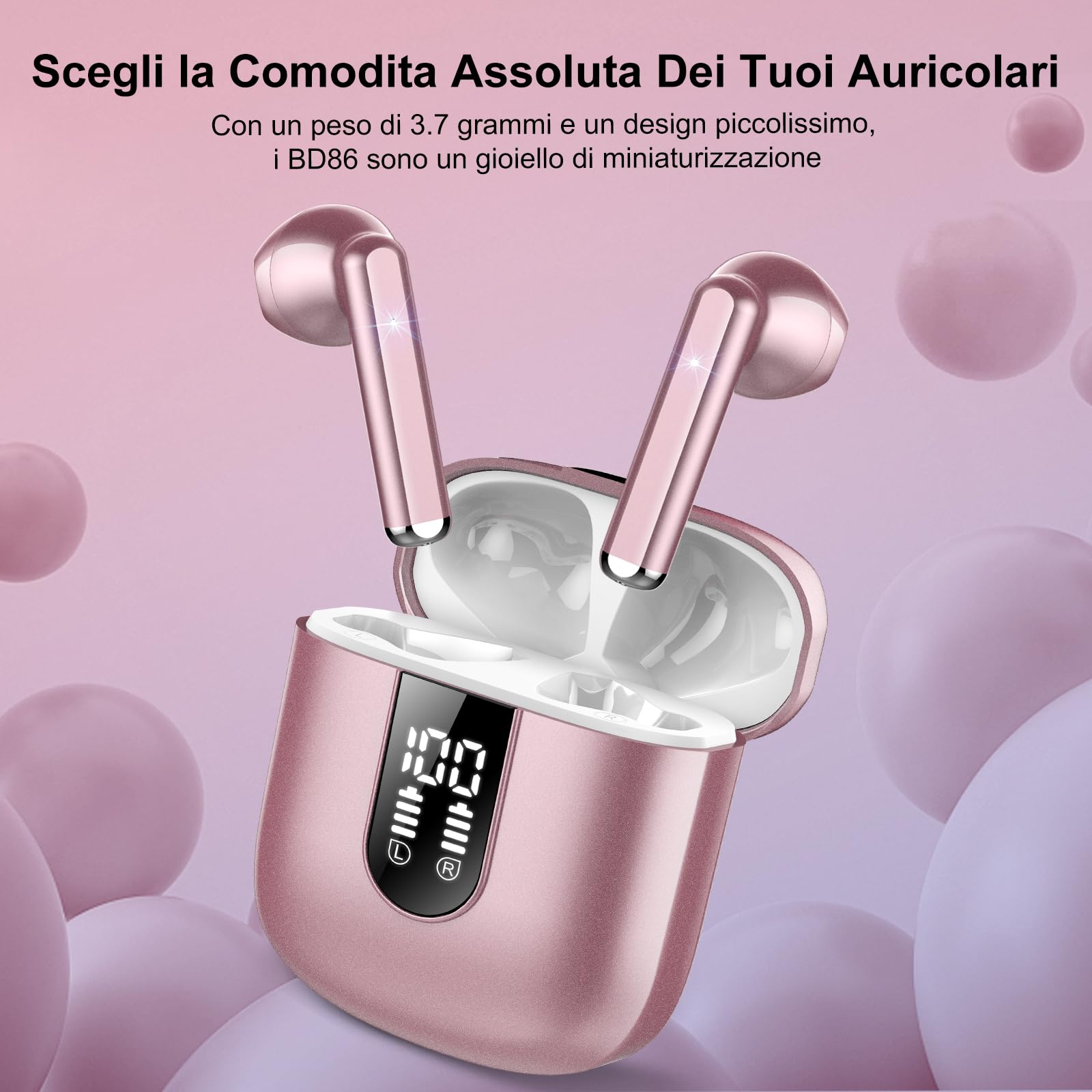 Cuffie Bluetooth, Auricolari Bluetooth 5.3 con Stereo HiFi Immersivo, Cuffie Wireless Mini Incorporato 4 HD Mic, Cuffiette Bluetooth IP7 Impermeabili, Cuffie Senza Fili con LED 30 Ore, Oro Rosa(2024)