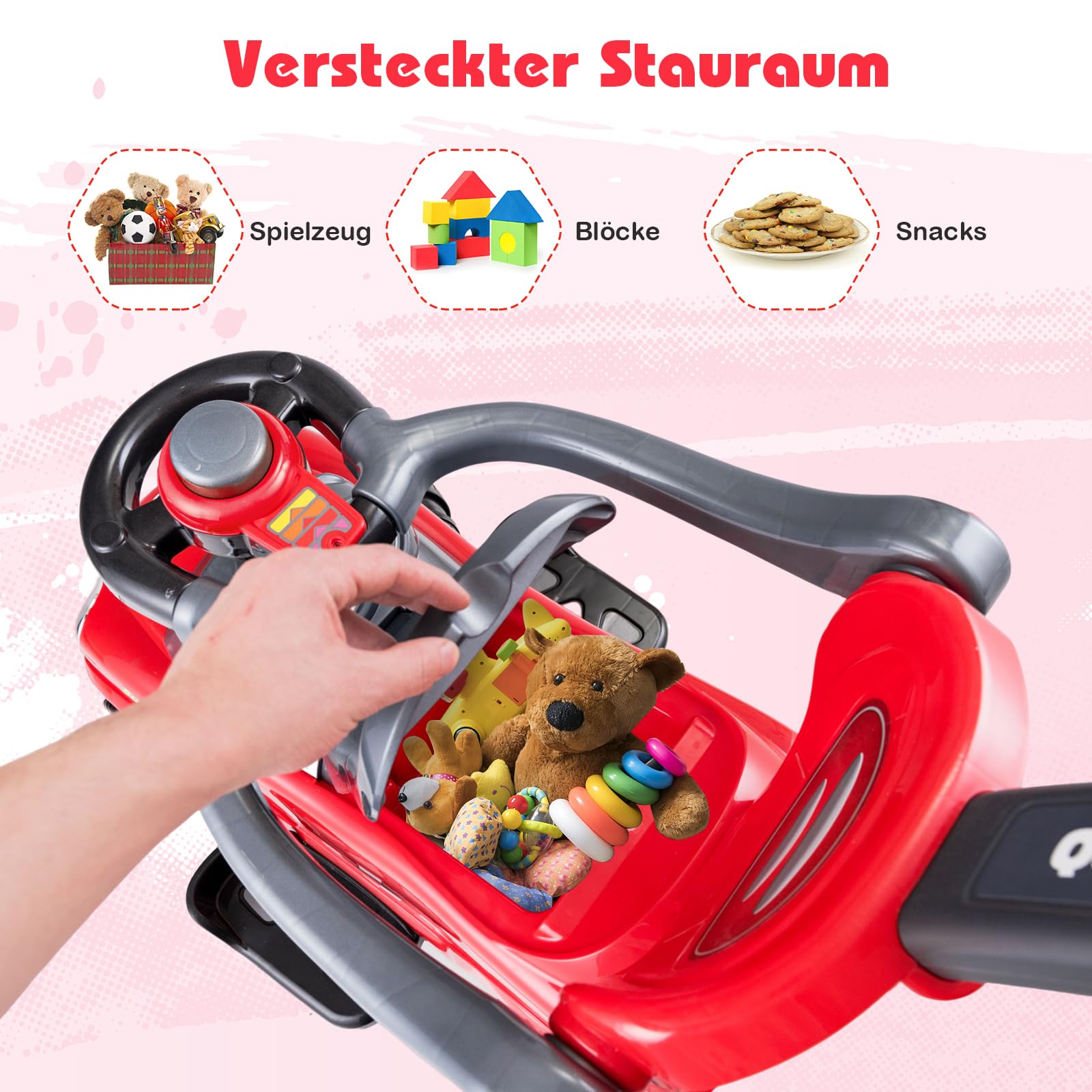 COSTWAY 3 in 1 Rutschauto Schiebeauto, Rutschfahrzeug mit abnehmbarem Schiebgriff, Schutzbügel & verstecktem Stauraum, Spielzeugauto für Kinder von 2 bis 6 Jahren (Rot)