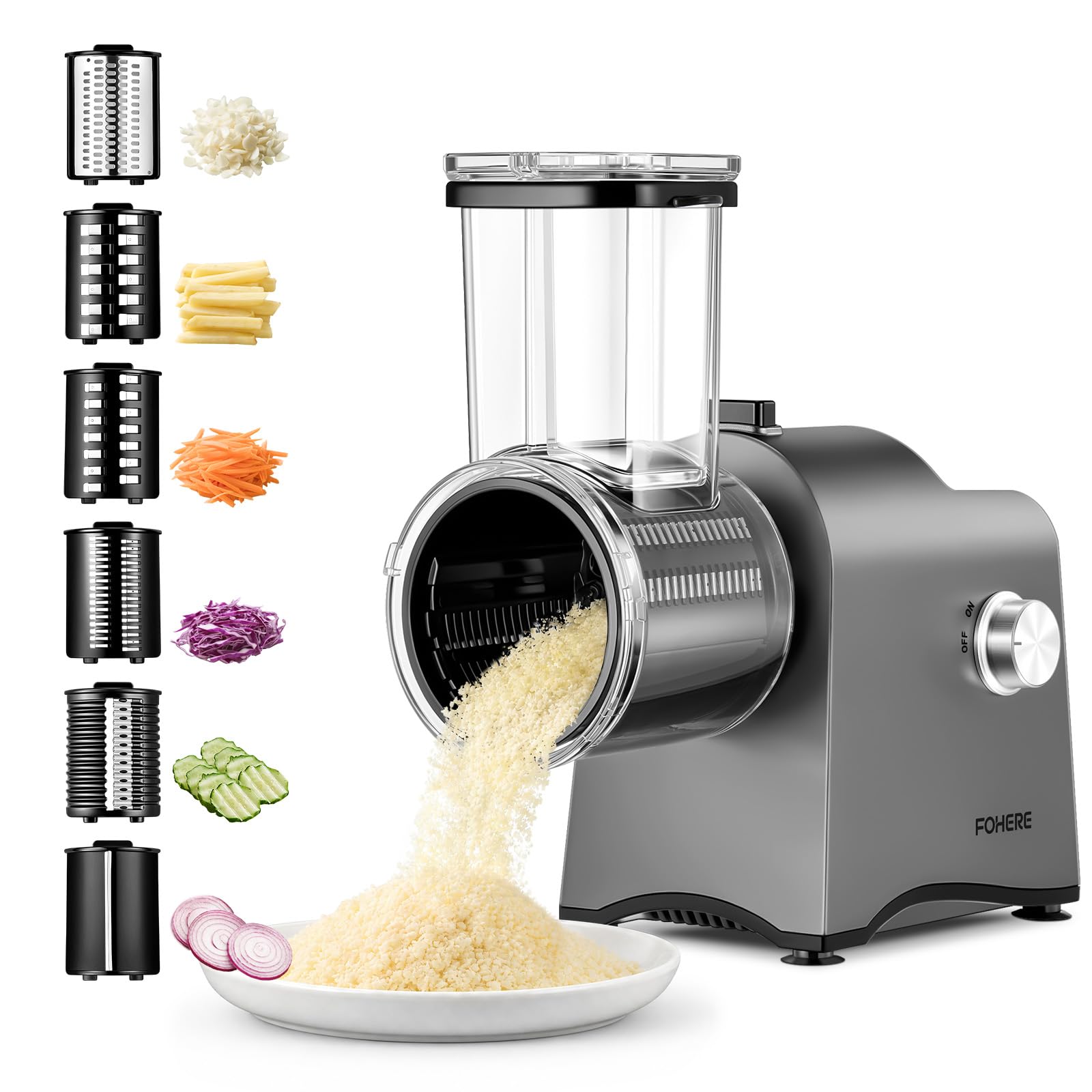 FOHERE Rallador de Queso Eléctrico 300W & Cortador de Verduras | 6 en 1 Cuchillas para Verduras Procesador de Alimentos de un Botón Para Cortar, Rallar y Moler Queso, Verduras