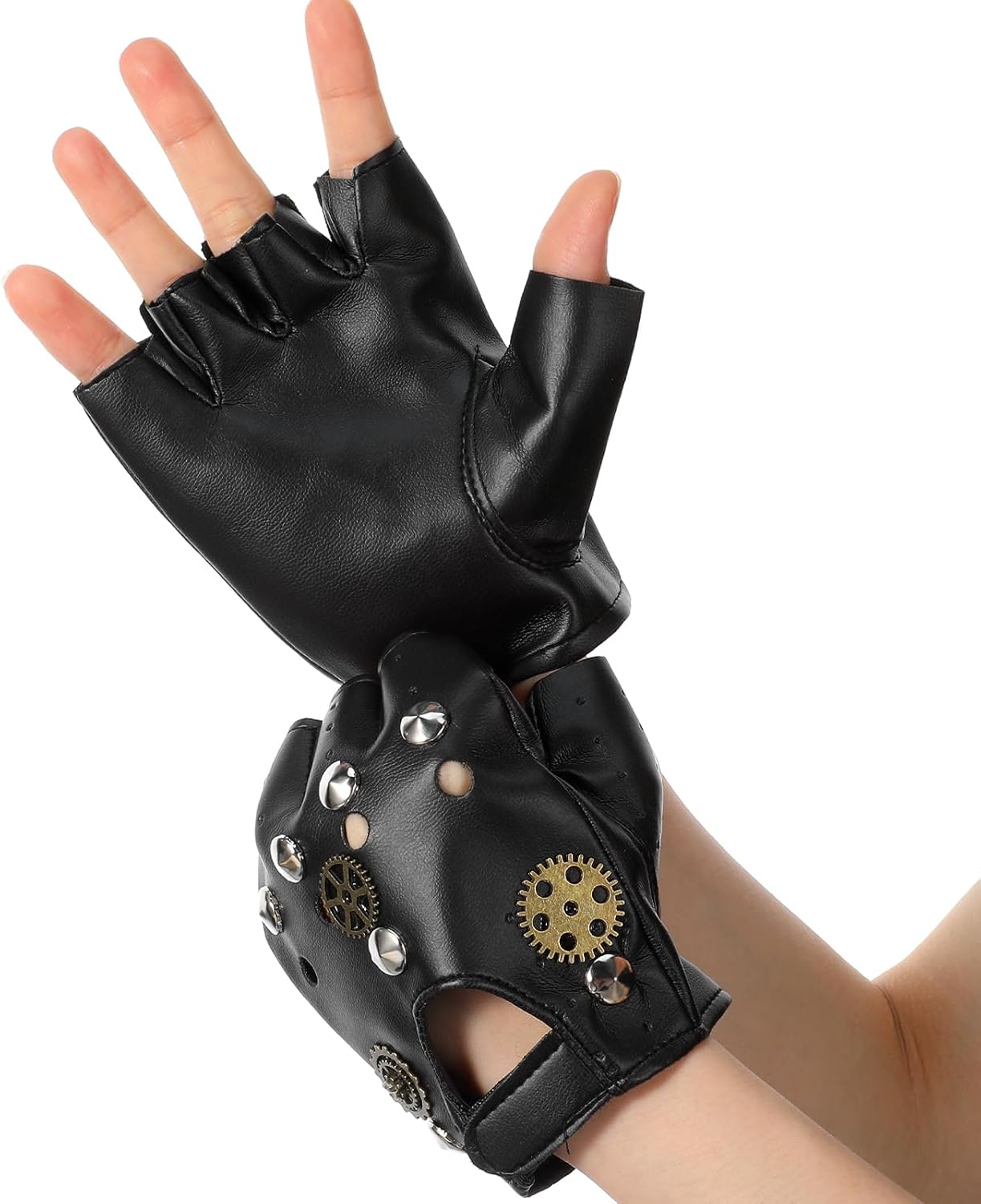 Fingerless Motorcycle Gloves, PU Leather Retro Steampunk Gloves,Steampunk Accessories with Gears Rivet, Steam Punk Clothes Men Women for Halloween Cosplay Dress Up (Black) Fingerless Motorcycle Gloves, PU Leather Retro Steampunk Gloves,Steampunk Accessories with Gears Rivet, Steam Punk Clothes Men Women for Halloween Cosplay Dress Up (Black)