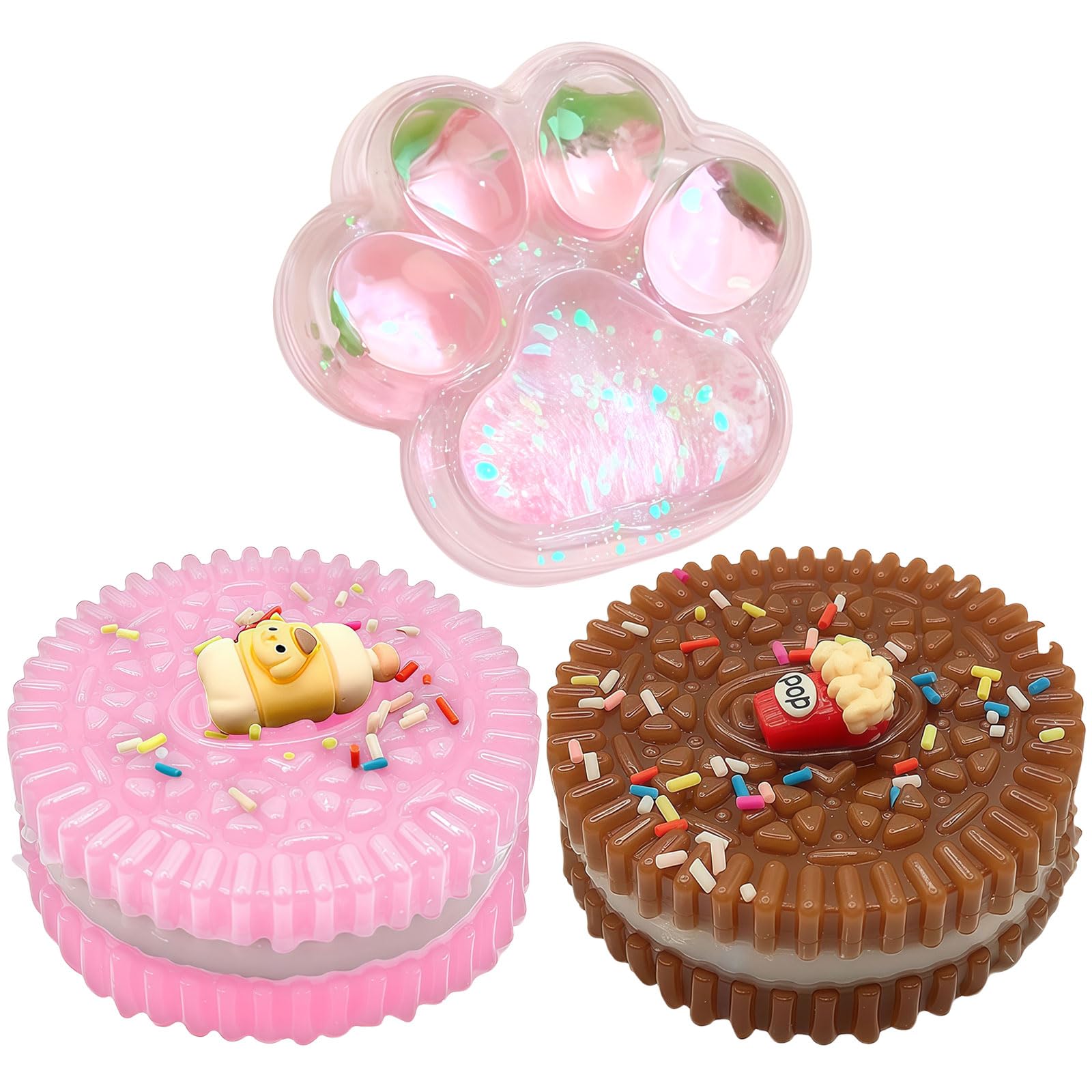 GWAWG Strawberry Cat Paw Cookie Squishy 3 Pcs, Strawberry Squishy & Cookie Squishies, Squeeze Toys, Soft Fidget Toy, Sensory Toys, Stress Relief Toy, Party Bag Fillers, Exam Gifts for Kids & Adults
