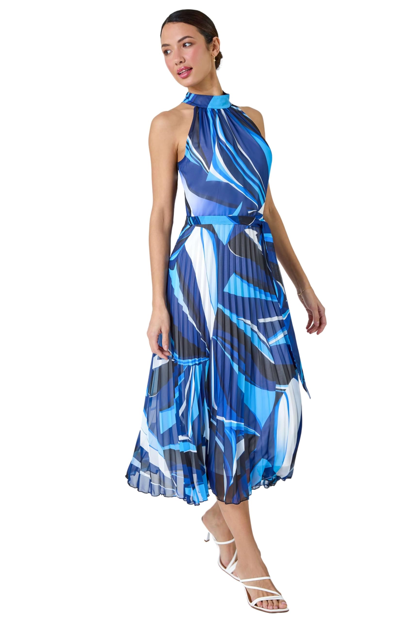 Roman Women's Navy Abstract Print Pleated Chiffon Midi Dress Size 18