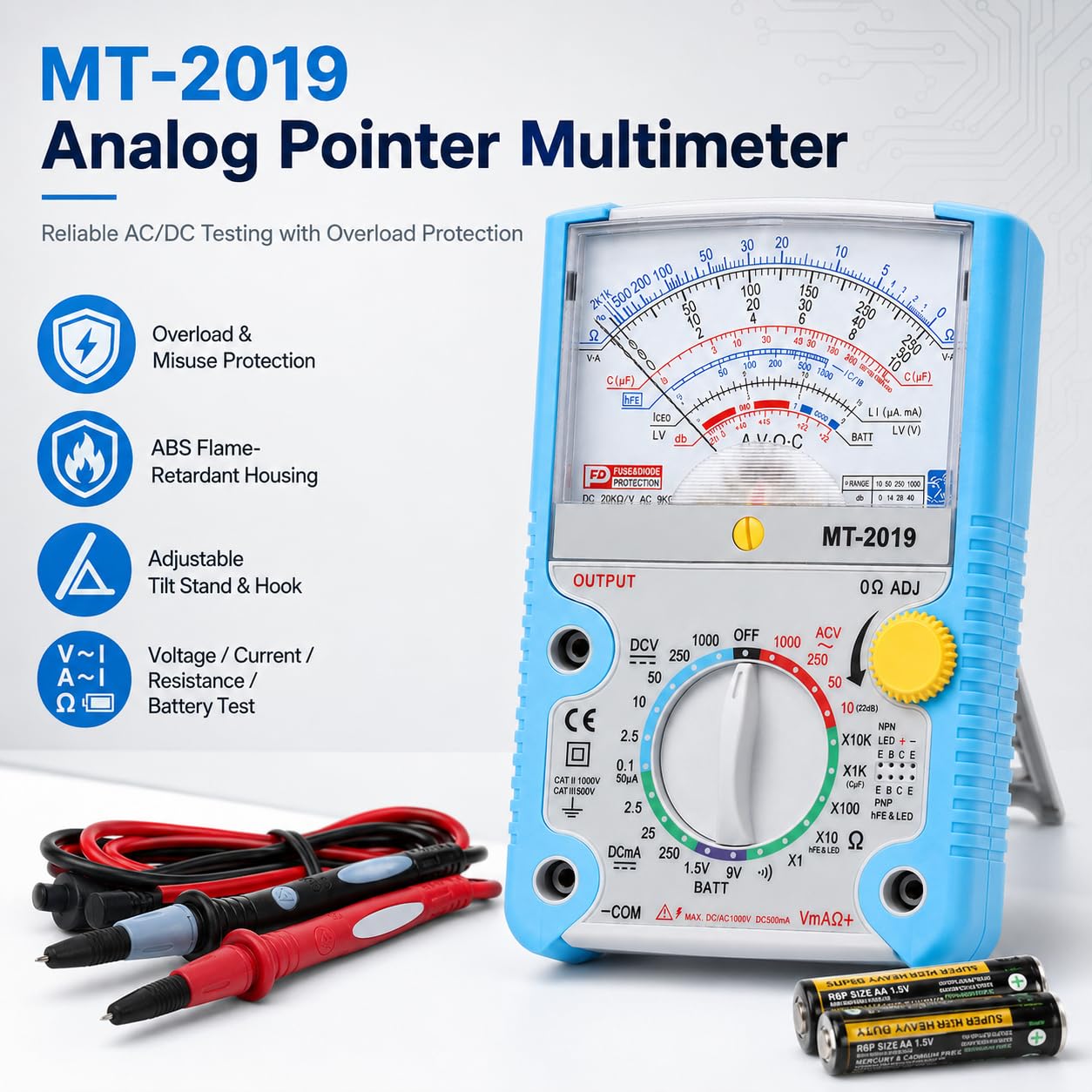 Multimetro Analogico Tester Elettricista Con Puntali | Tester Elettrico Multimetro Voltmetro Amperometro Ohmetro Tascabile Per Ac/Dc Tensione, Dc Corrente, Resistenza E Batterie