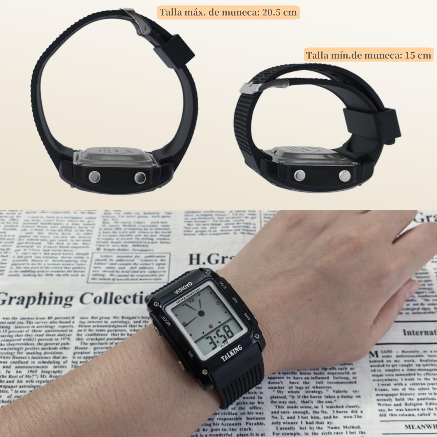 Reloj parlante rectangular analógico digital con alarma, anuncio de voz en español para ancianos ciegos con discapacidad visual VI-719-TS, Negro