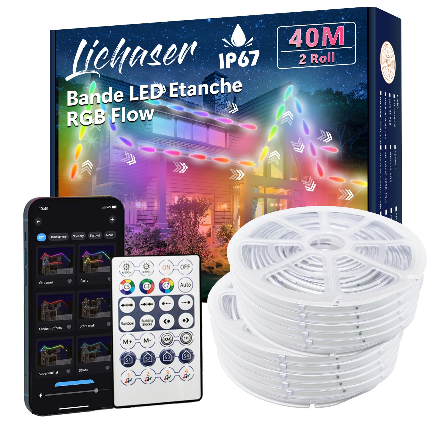 Lichaser RGB+IC Ruban LED Exterieur Etanche DIY IP67, Suivi, Segmentation de Bandes LED avec Application BT et Télécommande RF pour une Utilisation en Extérieur (40m)