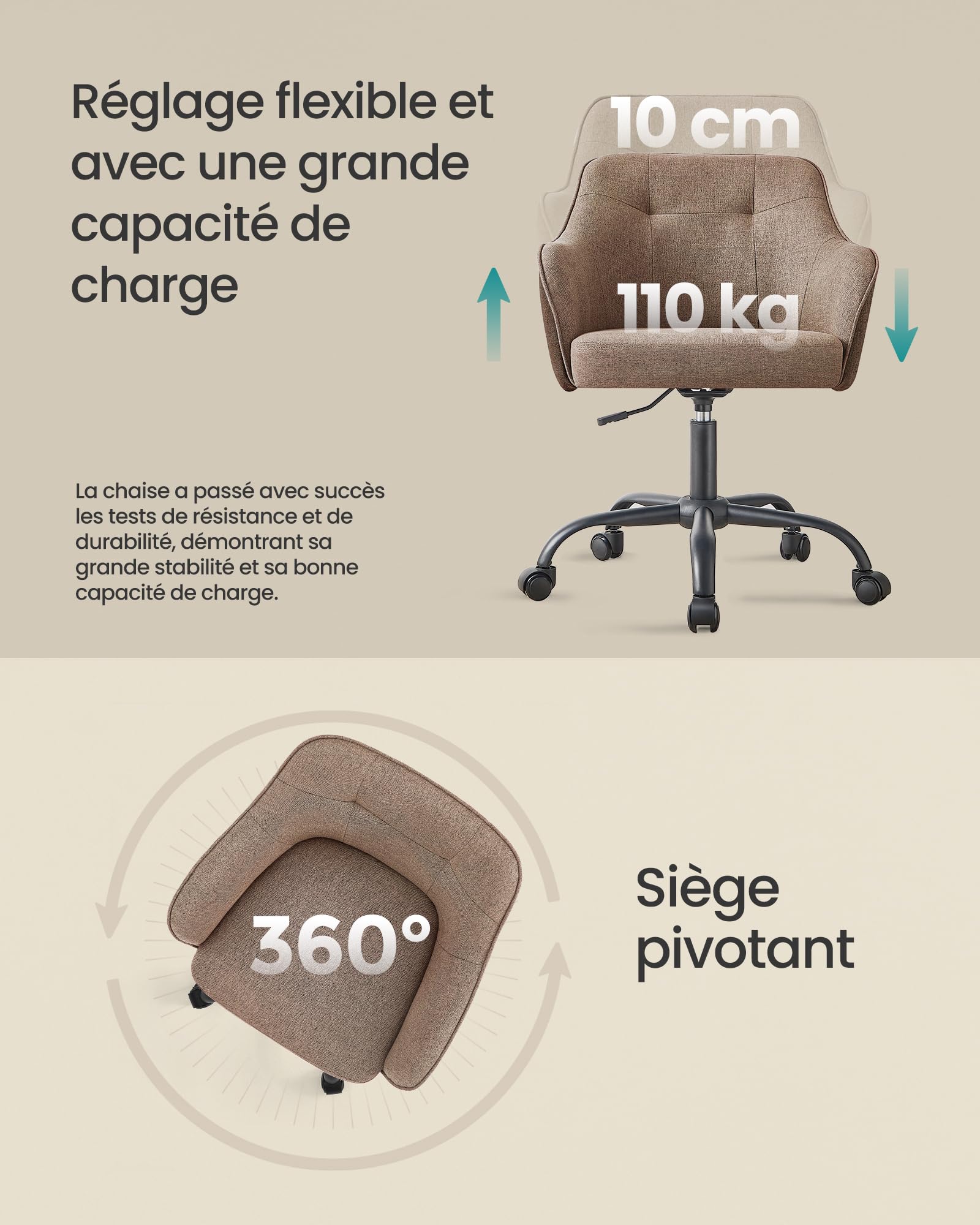 SONGMICS Chaise de Bureau, Fauteuil Ergonomique, Siège Pivotant, Réglable en Hauteur, Capacité 110 kg, Cadre en Acier, Tissu en Coton-Lin Respirant, pour Bureau, Chambre, Marron OBG019K01