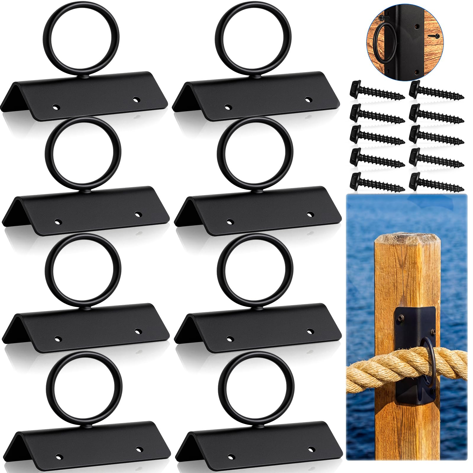 PullCrease 8 Pack Rope Support Holder for Corner Post 2 Inch Drop Ring Brackets Decorative Deck Hooks for Stair Railing, Hemp Rope Fences, Ceiling Hook, Black Wall Mounted Hanger