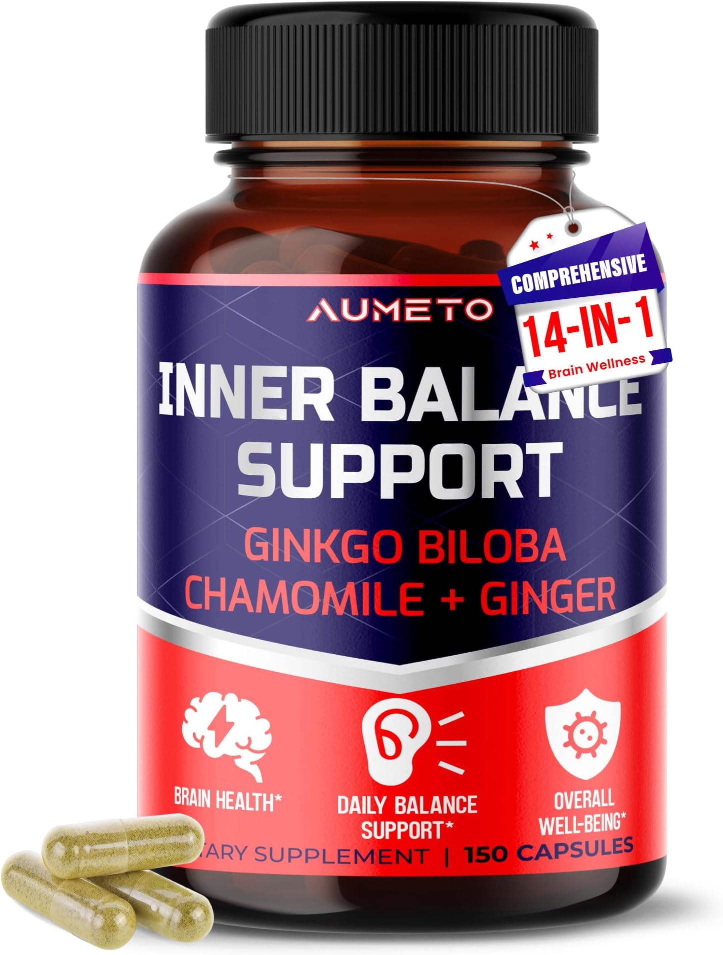 Vertigo Support Complex with Ginkgo Biloba, Chamomile, Ginger, Vitamin D3, B12 - Advanced 14-in-1 Formula for Spinning Dizziness Inner Ear Balance*
