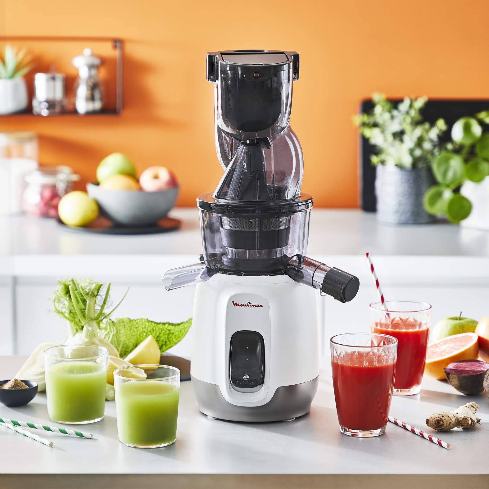 MOULINEX Ultra Juice Entsafter für Kaltsaft 2 Filter Trinkflasche 600 ml extra breit 85 mm Automatisches Programm Easy Clean Entsafter für ganze Früchte und Gemüse, leise, 200 W, ZU600110