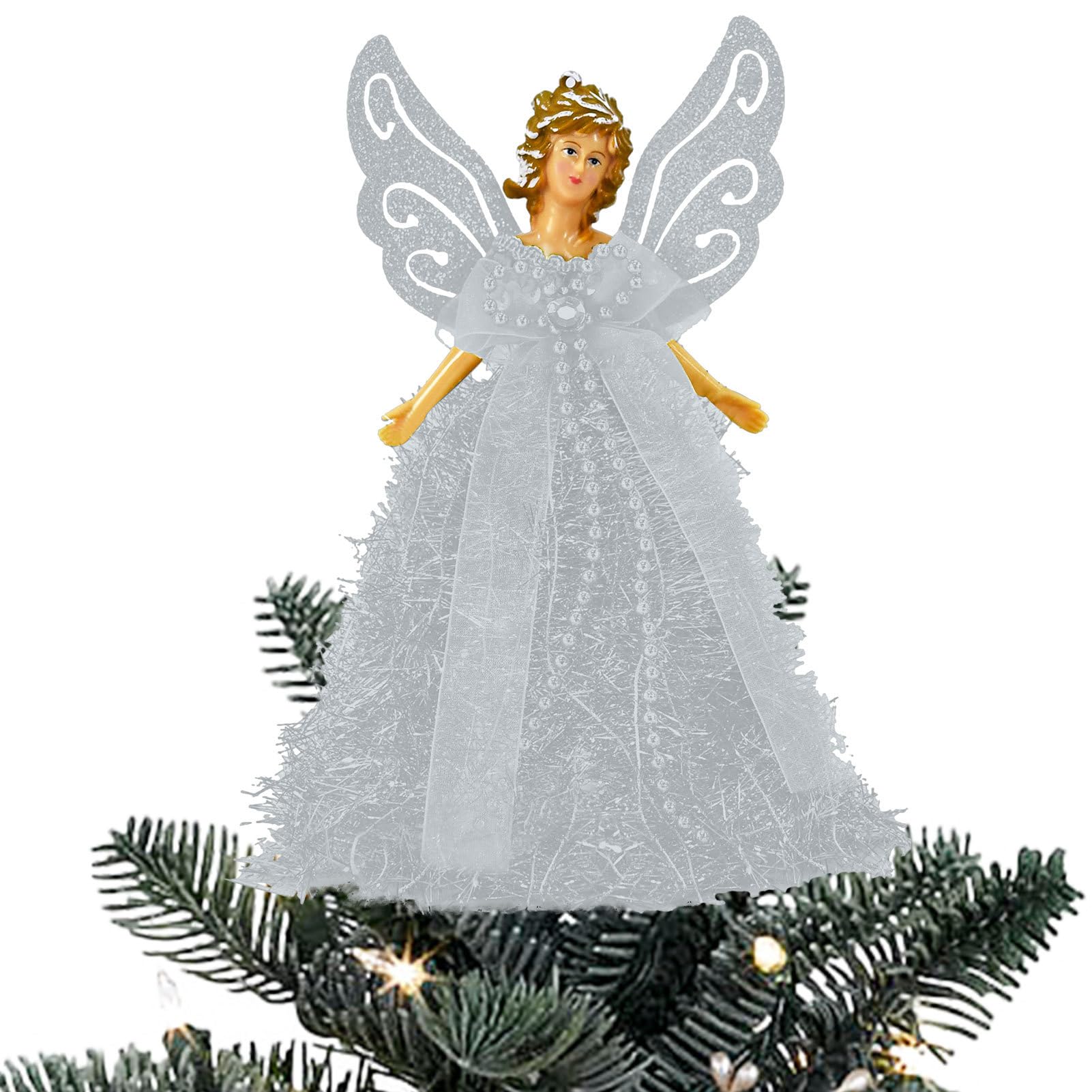 Sapin Noël Ange, Figurine D'ange Treetop, 12.6inLED Décoration D'ange D'étoile D'arbre De Noël, Ange De Noël Belle Décoration De Noël (Argenté