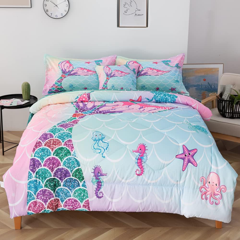 ADASMILE A & S 6 Pieces Mermaid Comforter Set for Girls