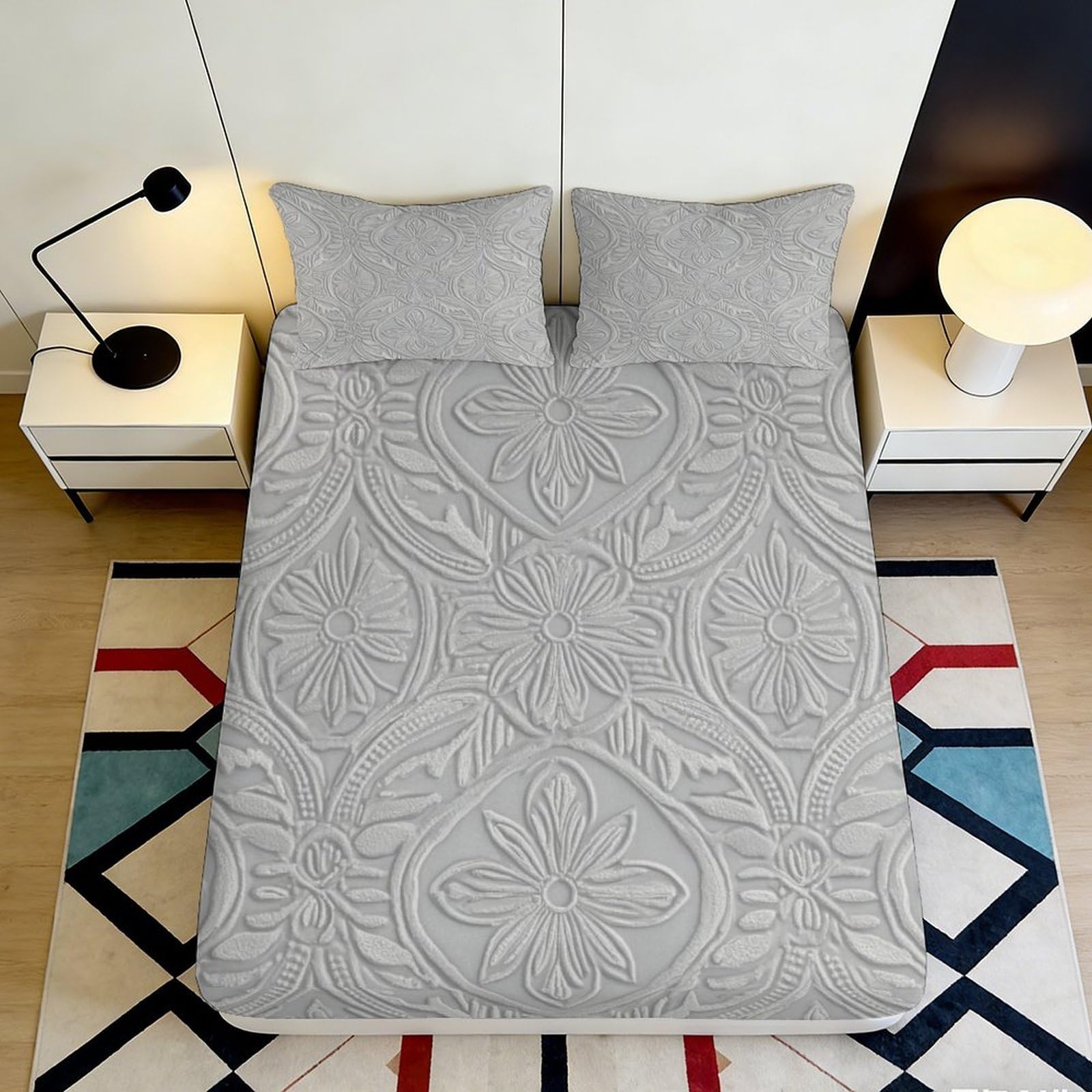 3D Printed Grey Floral Fitted Sheet Microfiber Soft Breathable Embossed Bed Cover for Bedroom Dorm Dormitory Guest Room Mattress Protection 140x200x25cm