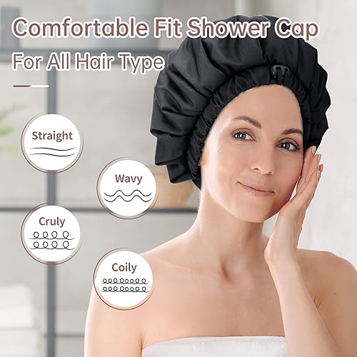 Miniatura 3 de Gorro de ducha de lujo para mujer, impermeable, reutilizable, doble capa, forro de microfibra con función de cabello seco, extra grande para cabello
