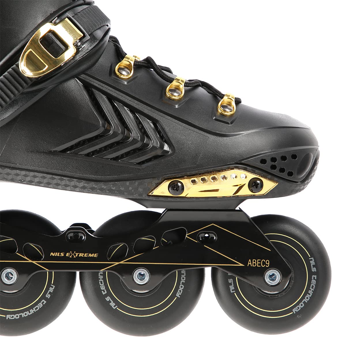 Nils Extreme Rollers pour homme et femme - Rollers en ligne - Roulements ABEC9 - Rollers adultes - Roulettes 85A - Rollers - Noir et or - NA20002