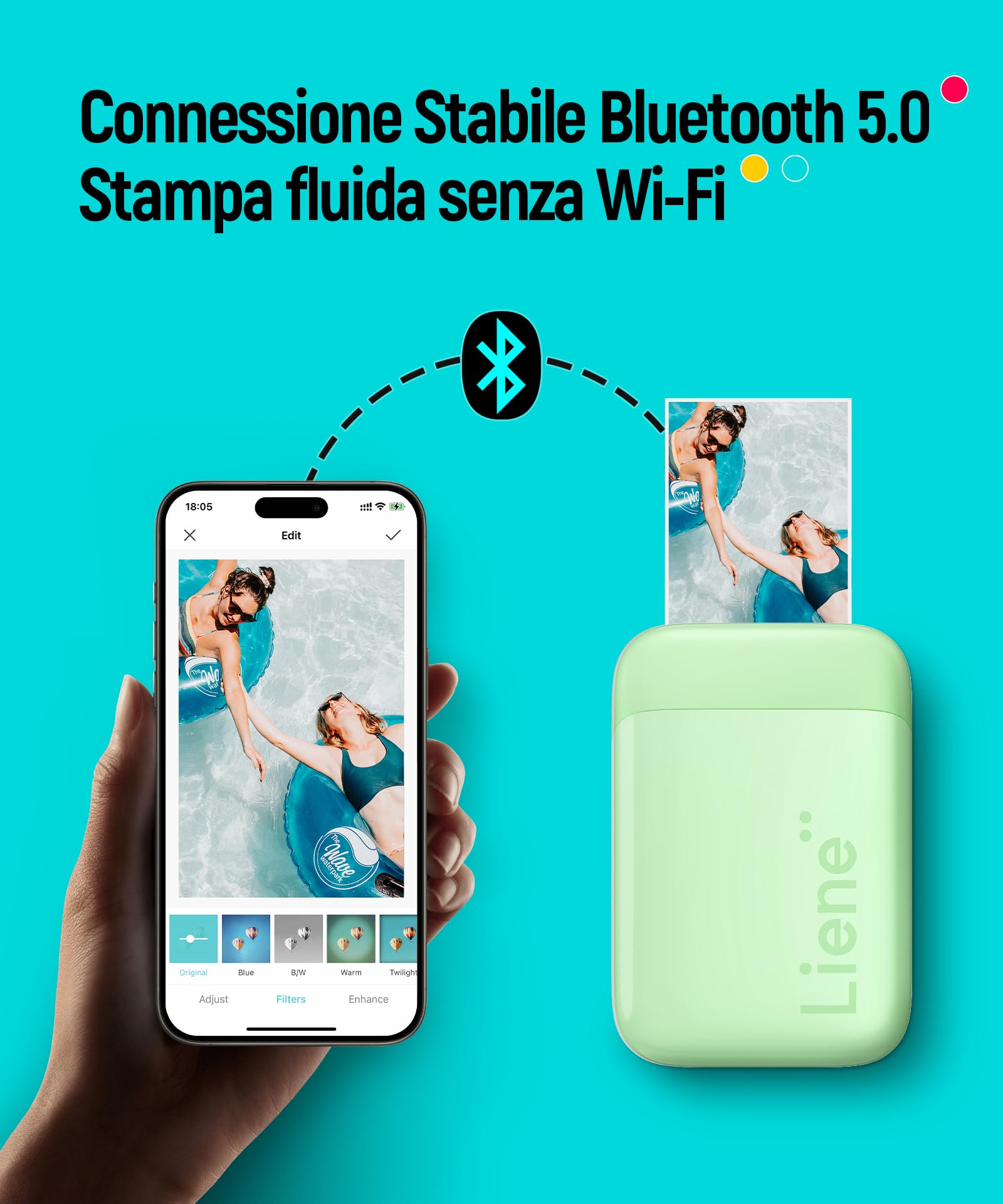 Liene Pearl K100 Stampante Portatile, 2x3 Stampante Fotografica Istantanea con 50 Fogli di Zink Carta Fotografica Adesiva, Connessione Bluetooth, APP Dedicata, Mini Stampante per iOS & Android, Verde