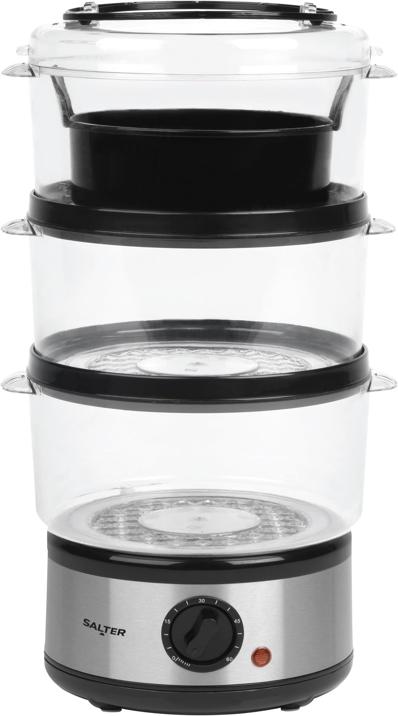 Salter 3 Tier Electric Food Steamer - 7.5L, Stackable Steaming Baskets, Dishwasher Safe, BPA Free Includes Rice Bowl, 60 Minute Timer, Compact Storage, Healthy Cooking Vegetables & Fish, 500W