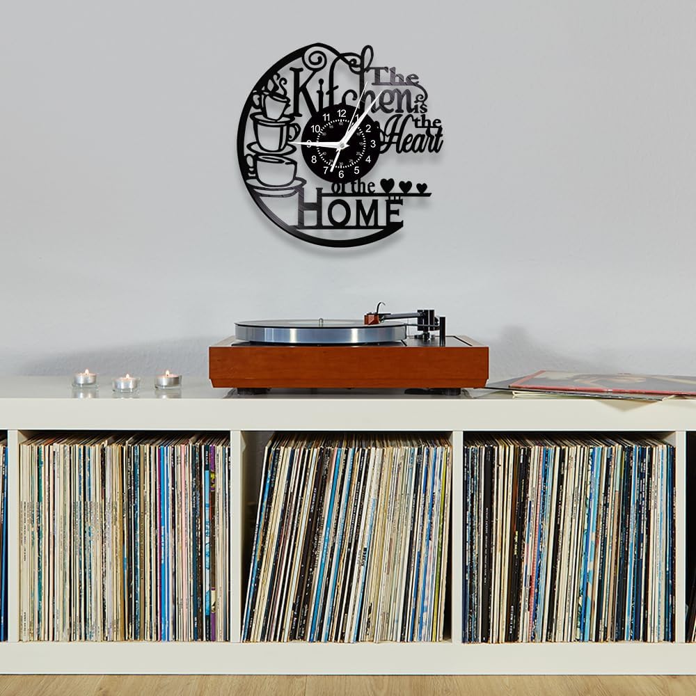 12'' Kitchen Vinyl Record Wall Clock, Kitchen Heart Home Theme Wall Clock Coffee Bar Wall Watch Clock Coffee Wall Decor Battery Operated Silent Movement for Women Wife Restaurant Dining Room